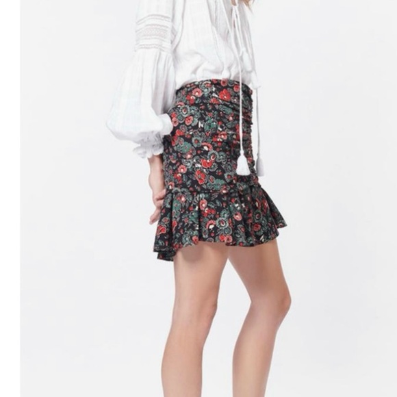 VERONICA BEARD Mini Skirt Black Red Sz 2 Floral Print Ruched Front Zip Chic - Picture 2 of 12